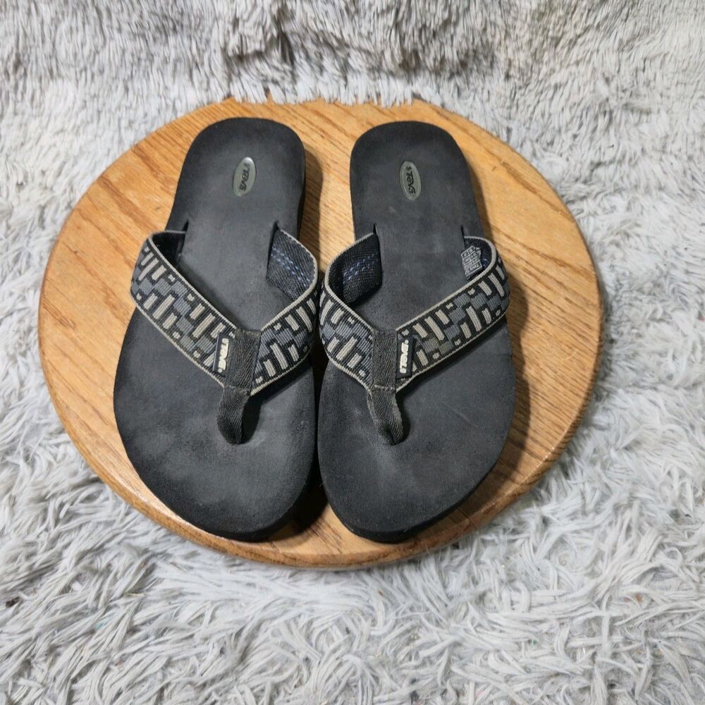 Teva Black Flip-Flop Sandals Gray/Tan Jacquard Straps Mens Size 10 Chevron Sole